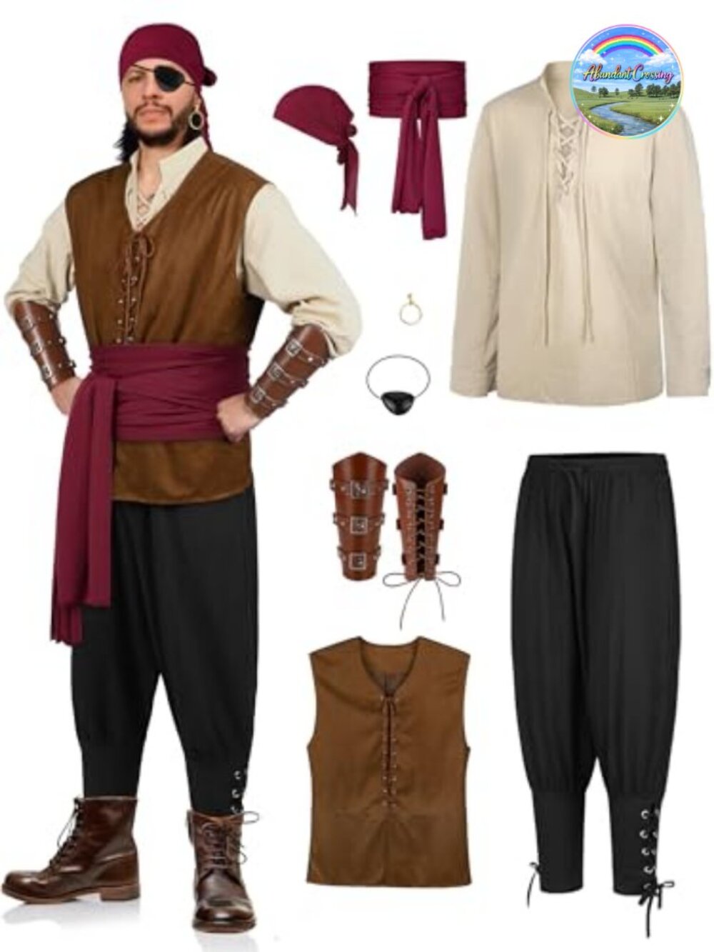 Men's Medieval Pirate Costume Set 8 Pc Cotton Linen Suede PU Leather